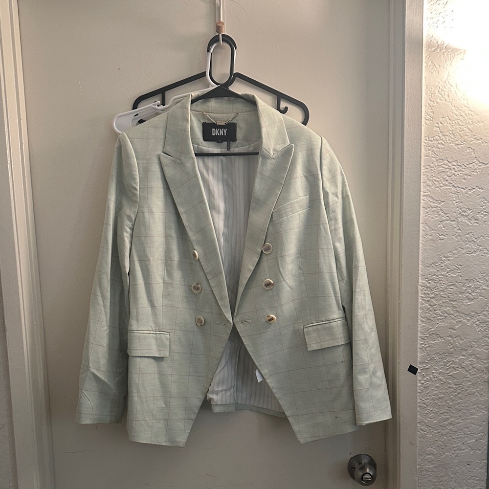 DKNY Mint Green Double-Breasted Plaid Blazer